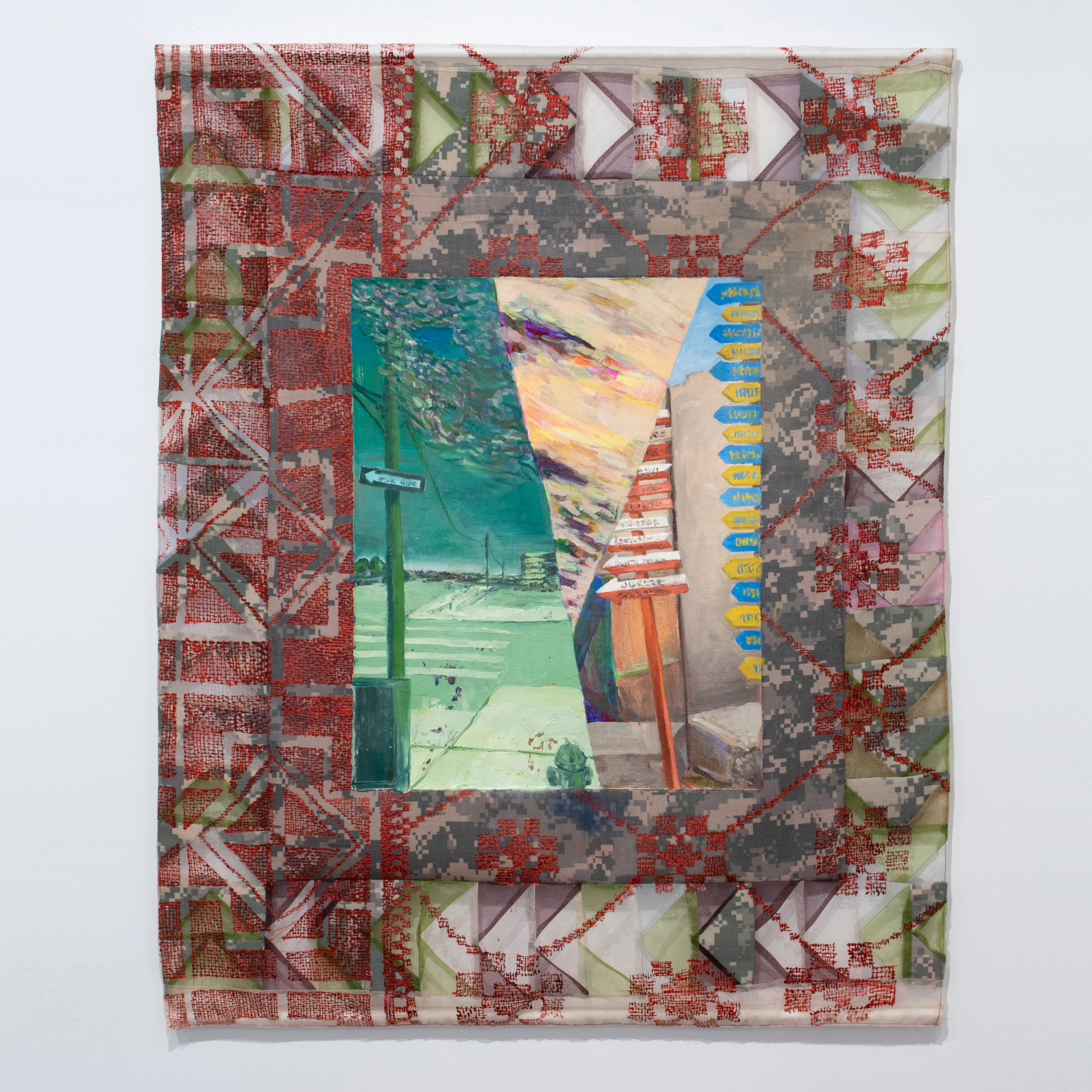 Heirloom (one way), 2025, oil, acrylic, organza, US army uniform, 29 x 23 in